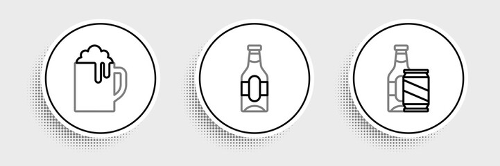 Set line Beer bottle and beer can, Wooden mug and icon. Vector