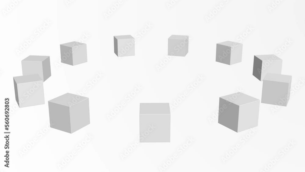 Poster boxes circle row spinning around background loop. box shapes row flying by circle. clean minimal sea