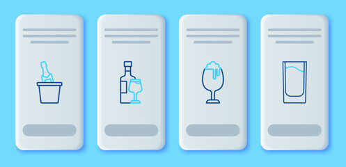 Set line Wine bottle with glass, Glass of beer, Champagne an ice bucket and Shot icon. Vector