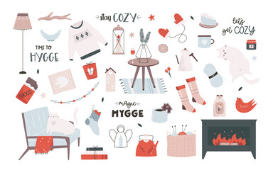Big set of Hygge icons in a flat style. Cute design elements - sweater, fireplace, candle, pillow, cookies, cat.