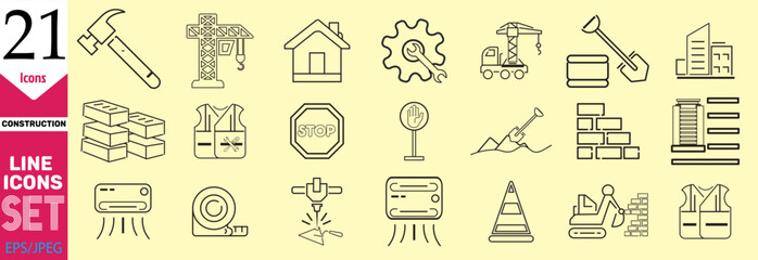 Construction line icons set. Outline web icon set, home repair tools. vehicle, elements, tools.