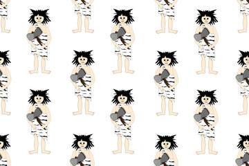 Seamless pattern with primitive people in zebra skin with baton in the hands. Wallpaper for children room or bed linen with homo sapiens.