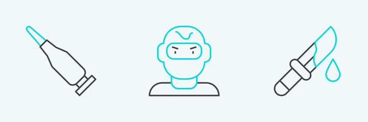 Set line Bloody knife, Bullet and Thief mask icon. Vector