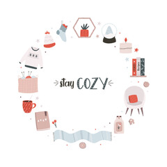 Cute composition with Hygge elements, icons in a modern flat style.