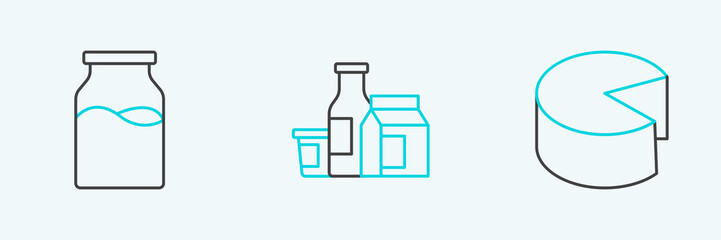 Set line Cheese, Bottle with milk and Milk product icon. Vector