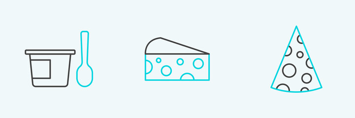 Set line Cheese, Yogurt container with spoon and icon. Vector