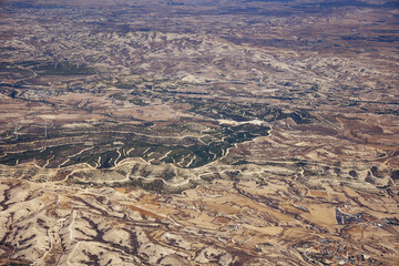 Aerial view from plane window with Moglia Wind Farm in Cyprus island country - obrazy, fototapety, plakaty