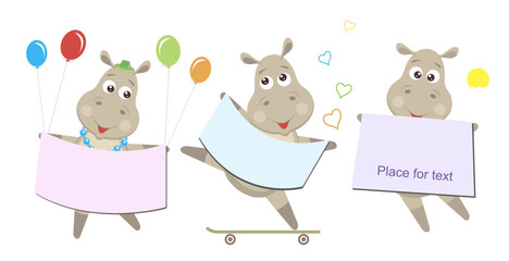 Illustration, a hippopotamus with a postcard for messages.