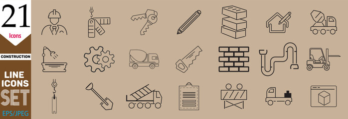 Construction line icons set. Outline web icon set, home repair tools. vehicle, elements, tools.