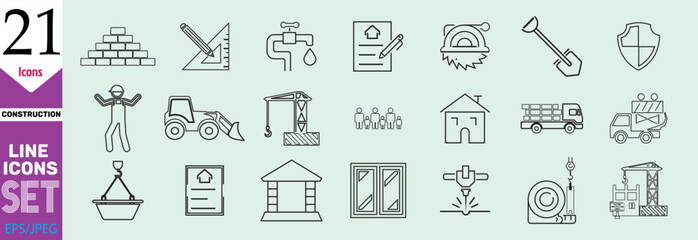 Construction line icons set. Outline web icon set, home repair tools. vehicle, elements, tools.