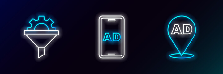 Set line Advertising, Sales funnel with gear and icon. Glowing neon. Vector