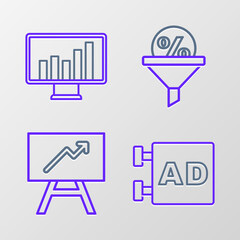 Set line Advertising, Board with graph chart, Lead management and Monitor icon. Vector