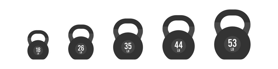 Filled icon set kettlebells. Different weights and sizes: 18, 26, 35, 44 and 53 lb. Vector illustration, flat design