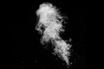 Close-up of white water vapor with water splashes flying in different directions from the humidifier Isolated on a black background. White fantasy steam to overlay on your photos
