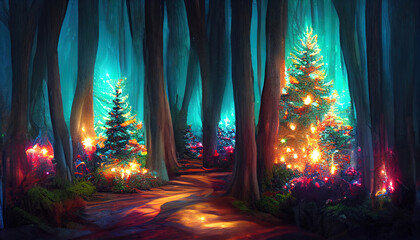 3D art, Magical forest with christmas trees and glowing lights