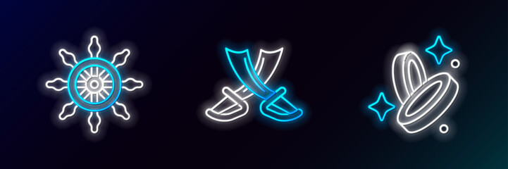 Set line Pirate coin, Ship steering wheel and Crossed pirate swords icon. Glowing neon. Vector