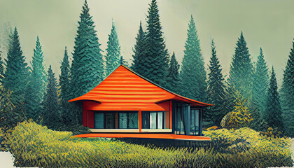 3D art, Illustration of modern minimalist cabin house in the forest