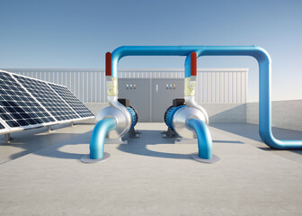 Naklejka premium 3d rendering of water pump station on rooftop factory. Include centrifugal pump, electric motor, pipeline, valve, solar panel and control box. Machine in industrial work for distribution, supply water