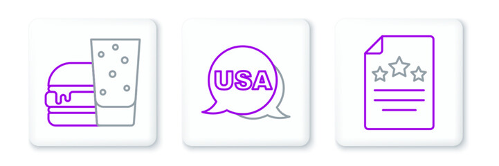 Set line Declaration of independence, Burger and USA Independence day icon. Vector