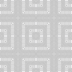 Lines geometric seamless pattern. Black and white ornamental background. Striped repeat abstract backdrop. Geometry shapes, stripes, lines, squares, zigzag. Optical illusion style structured design