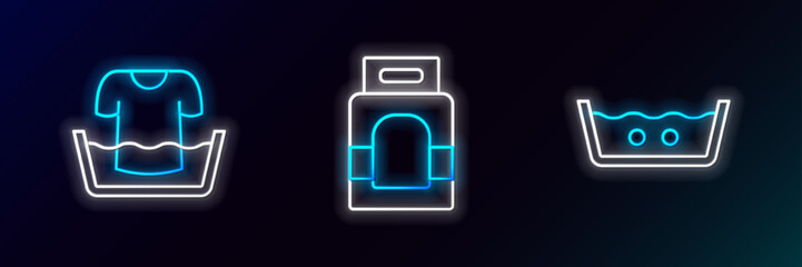 Set line Temperature wash, Basin with shirt and Laundry detergent icon. Glowing neon. Vector
