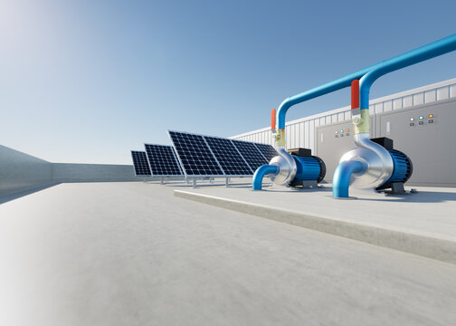 3d rendering of water pump station on rooftop factory. Include centrifugal pump, electric motor, pipeline, valve, solar panel and control box. Machine in industrial work for distribution, supply water