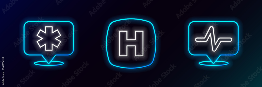 Poster set line heart rate, location hospital and hospital signboard icon. glowing neon. vector