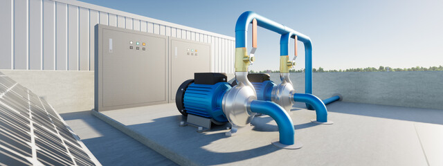 3d rendering of water pump station on rooftop of water tank. Include centrifugal pump, electric motor, pipeline, valve and electrical control box. Machine in industrial work for distribution water.
