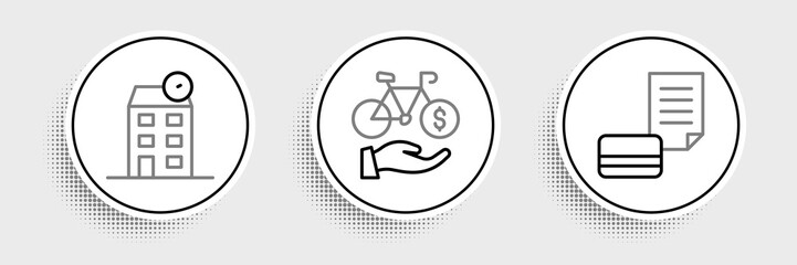 Set line Credit card, House and Bicycle rental mobile app icon. Vector