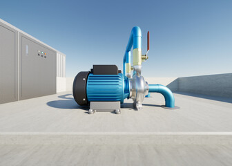 3d rendering of water pump station on rooftop of water tank. Include centrifugal pump, electric motor, pipeline, valve and electrical control box. Machine in industrial work for distribution water.
