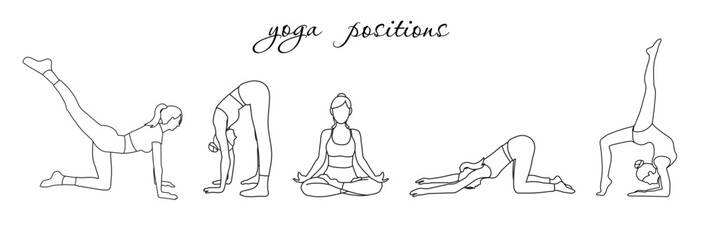 Five different yoga pilates positions set on white background in line style. Women silhouette
