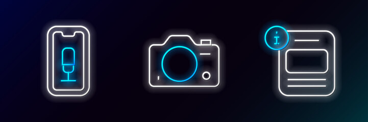 Set line Information, Mobile recording and Photo camera icon. Glowing neon. Vector