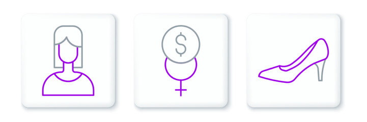 Set line Woman shoe, Female and Feminism finance icon. Vector