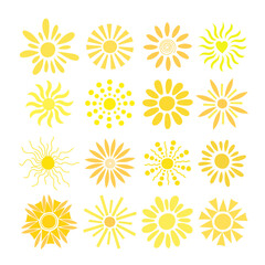 Simple yellow suns set vector flat illustration with round shape middle, cute summer image for making cards, decor, vacation concept and holiday and summertime design for children