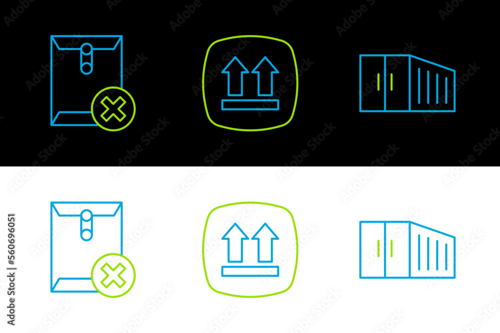 Poster set line container, delete envelope and this side up icon. vector