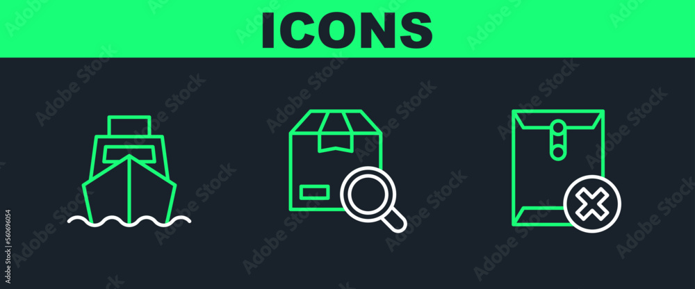Poster set line delete envelope, cargo ship with boxes delivery and search package icon. vector
