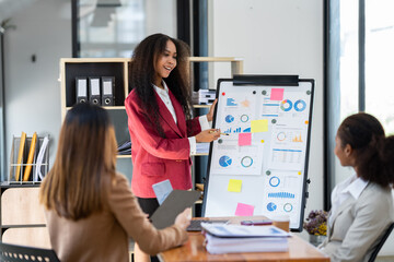 A group of young American businesswomen pointed to a whiteboard to provide information and a portfolio chart for colleagues to comment on and smile, proud of their creations.