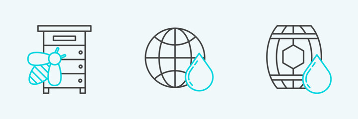 Set line Wooden barrel with honey, Hive for bees and Honeycomb map of the world icon. Vector