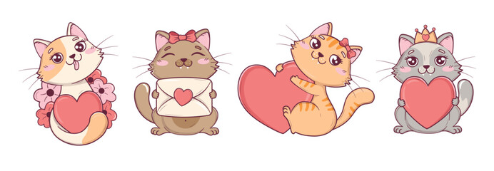 Collection of kawaii cute valentine cats in different poses with hearts and flowers