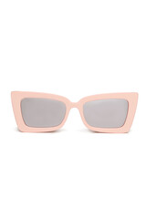 Close-up shot of mirrored sunglasses with gray lenses. Rectangular sunglasses with wide temples and a pink frame are isolated on a white background. Side view.