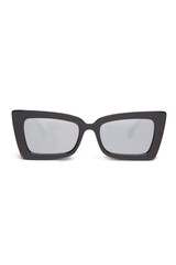 Fototapeta premium Close-up shot of a mirrored sunglasses with a gray lenses. Rectangular sunglasses with wide temples and a black frame isolated on a white background. Front view.