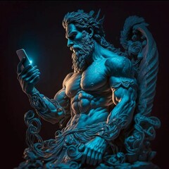 statue of zeus checking his phone