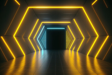 3d abstract background with yellow neon, lights neon tunnel space construction. Generative AI.
