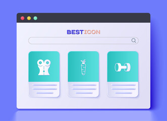 Set Carrot, Women waist and Dumbbell icon. Vector