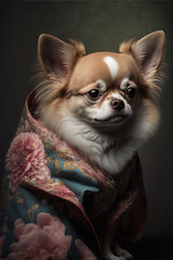 Portrait of a Chihuahua wearing Japanese Kimono created with Generative AI Technology
