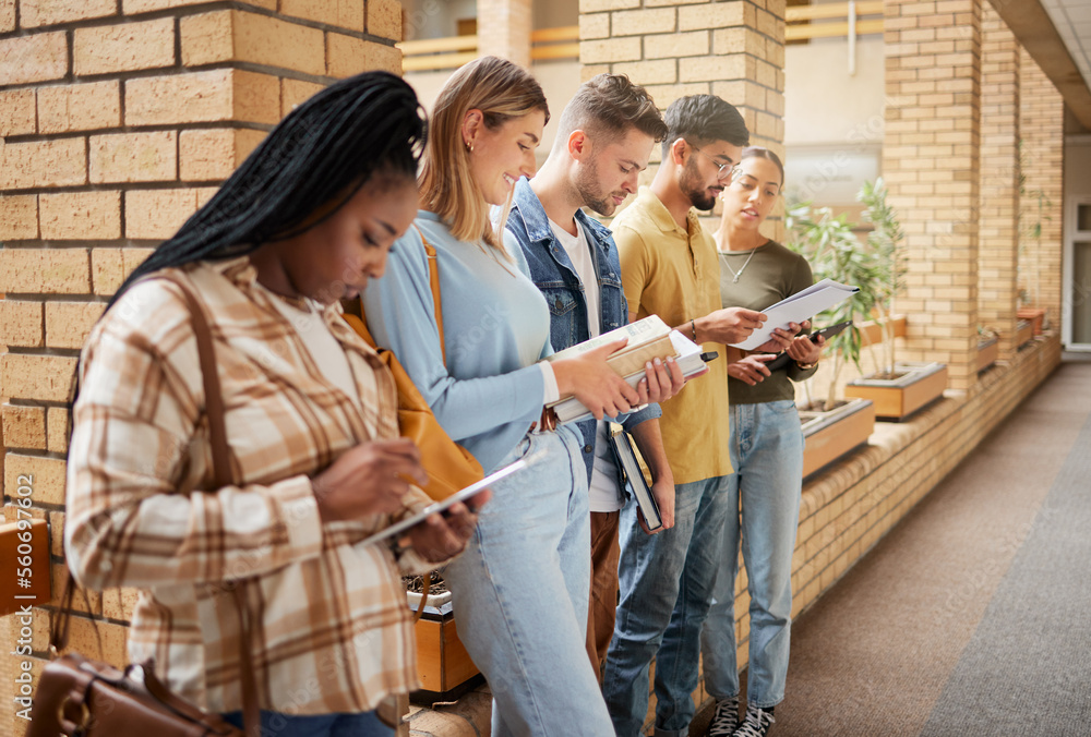 Aufkleber university, lobby and diversity, group of students standing in row together with books and tablet be