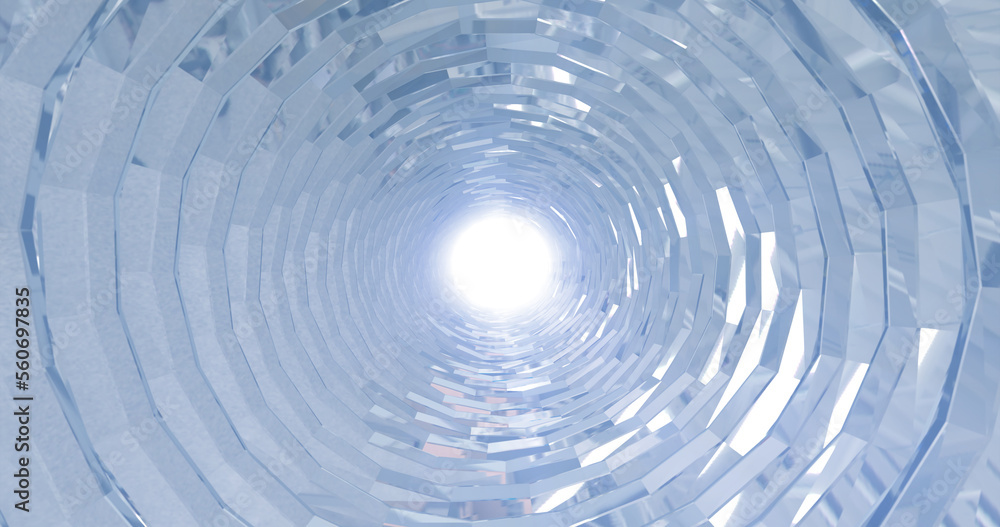 Poster a rotating silver metal chrome shiny tunnel with walls of ribs and lines in the form of a circle wit