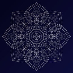 Silver mandala on a dark blue background. Oriental pattern on a dark background