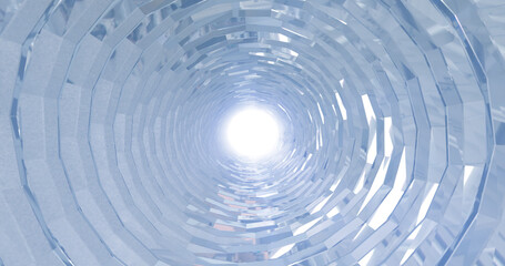 A rotating silver metal chrome shiny tunnel with walls of ribs and lines in the form of a circle with reflections of luminous rays. Abstract background