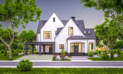 3d rendering of cute cozy white and black modern Tudor style house with parking  and pool for sale or rent with beautiful landscaping. Fairy roofs. Clear summer evening with cozy light from window